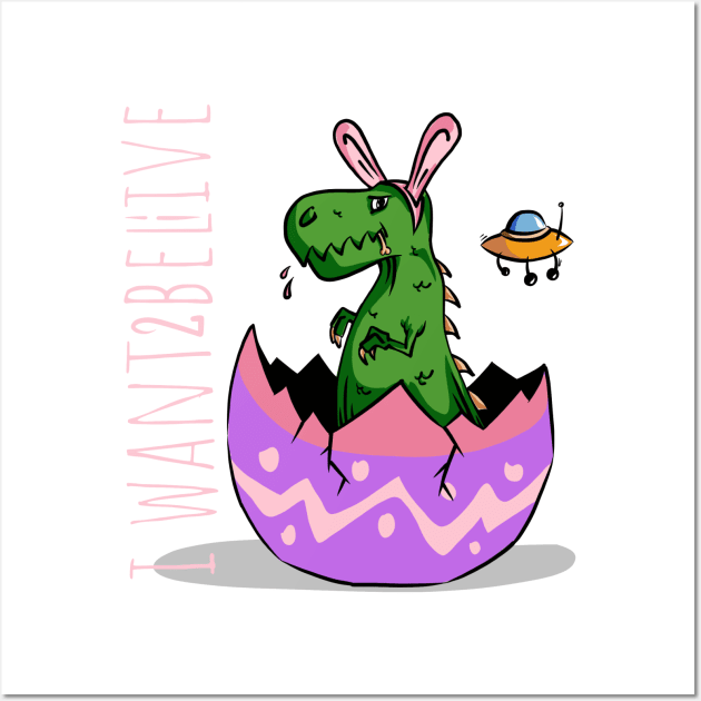 Cute little dinosaur with rabbit ears i want to believe funny joke eat bunny in egg with ufo Wall Art by MIWDesign